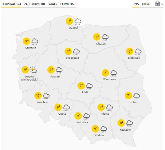 Prognozowana temperatura powietrza na piątek, 12 marca 2021 r.