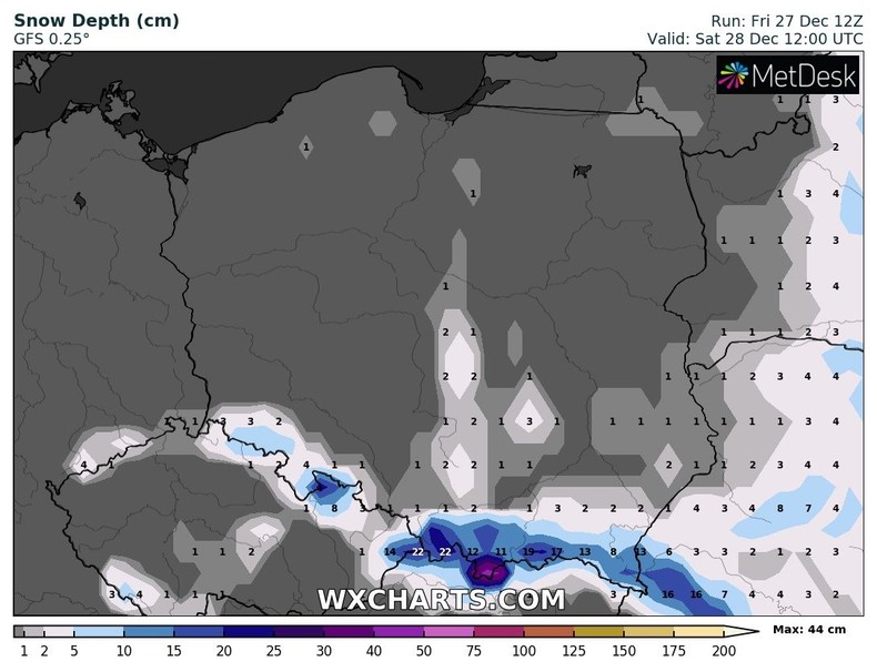 Prognozowana pokrywa śnieżna w sobotę 28 grudnia