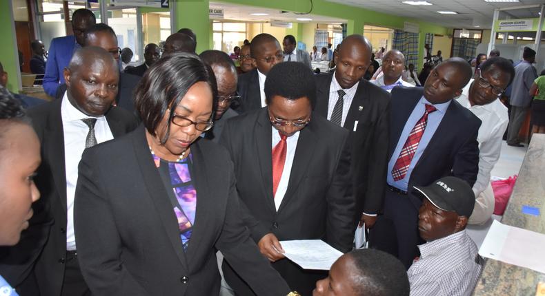 Health CS Sicily Kariuki with Director of Medical Services Jackson Kioko. The ministry has sent a team to probe Jakadala STI in Migori county