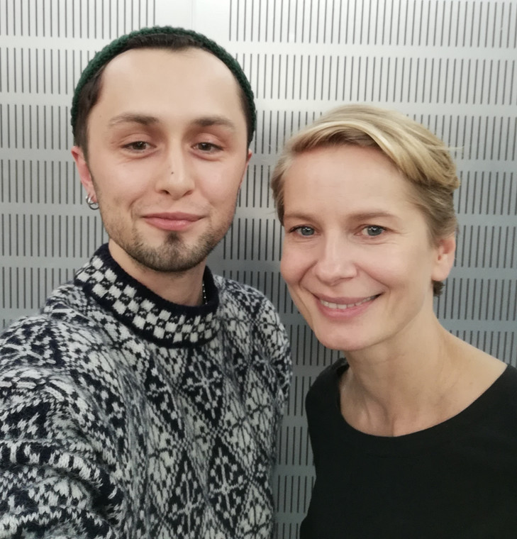 Dawid Dudko i Magdalena Cielecka podczas wywiadu w Nowym Teatrze 