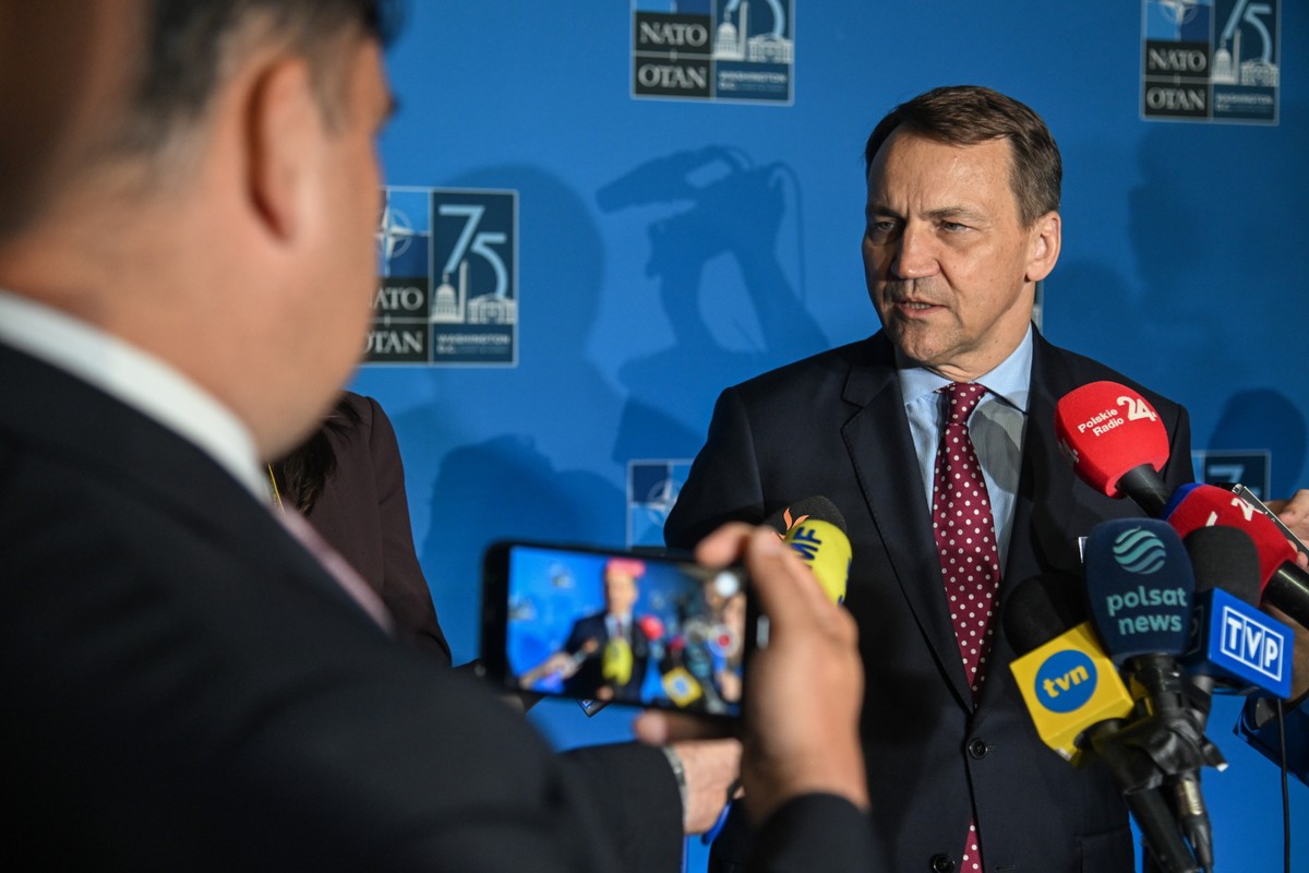 Minister spraw zagranicznych Radosław Sikorski podczas wypowiedzi dla mediów na szczycie NATO, w Centrum Kongresowym Walter E. Washington Convention Center w Waszyngtonie