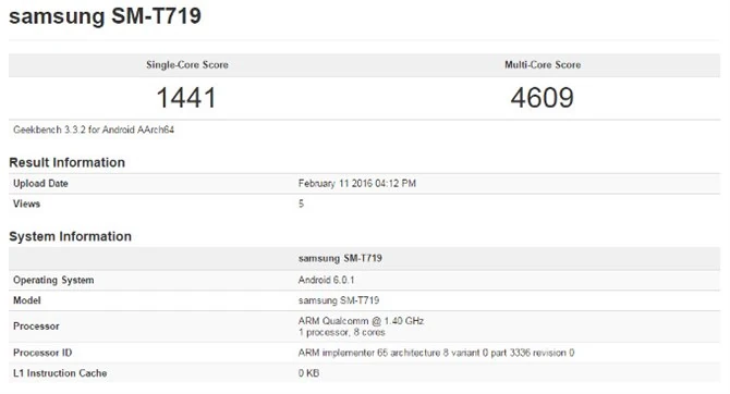 SM-T719 dostrzeżono w Geekbench