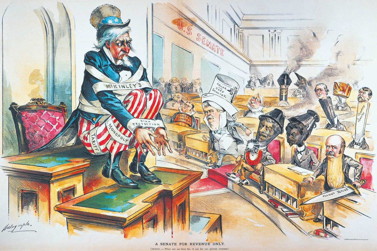 Karykatura z 1894 r. przedstawiająca „Wujka Sama” skrępowanego cłami Williama McKinleya