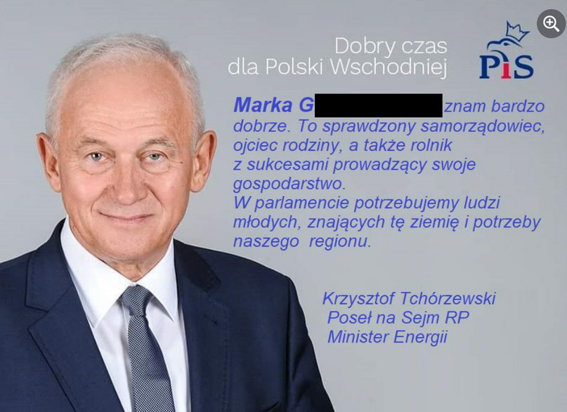 Krzysztof Tchórzewski w ulotce wyborczej Marka G. z 2019 r.