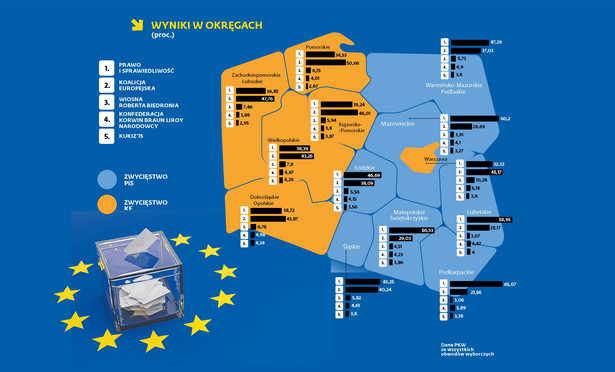 Wyniki wyborów do PE w okręgach (proc.)