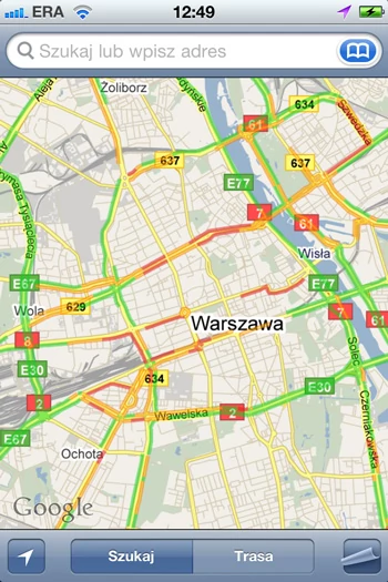 Ruch uliczny w Mapach Google dla iPhona