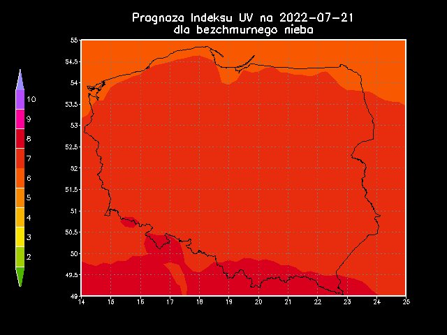 Prognoza promieniowania UV dla bezchmurnego nieba w czwartek