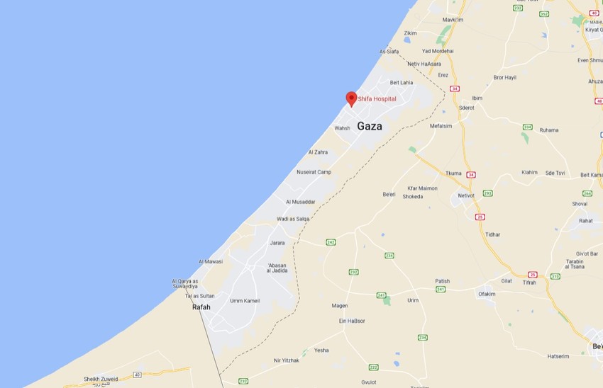 Mapa Pojasa Gaze sa označenim položajem bolnice Al Šifa