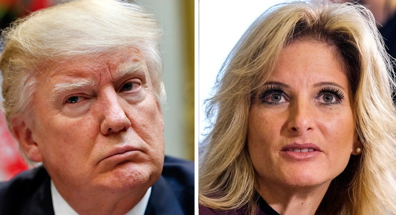 In this combination photo, President Donald Trump, left, listens during a meeting at the White House, on March 13, 2017 in Washington and Summer Zervos, a former contestant on The Apprentice appears at a news conference in Los Angeles on Oct. 14, 2016.
