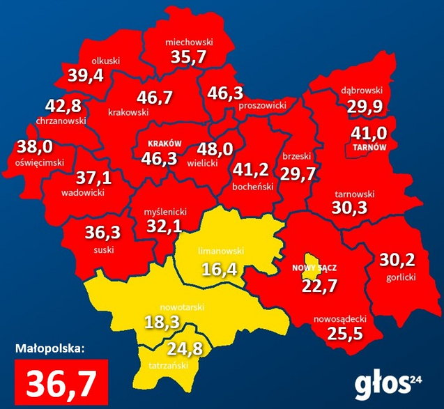 Wskaźnik zakażeń na 100 tys. mieszkańców w Małopolsce