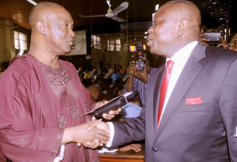 Jimi Agbaje and Akinwunmi Ambode meet at a function circa 2015 (Guardian) 