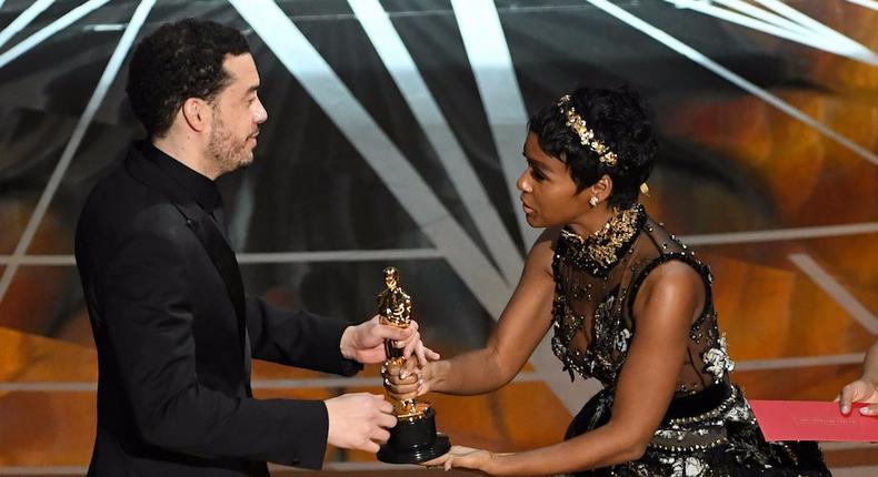 Director Ezra Edelman accepts best documentary feature for O.J.: Made in America from singer and presenter Janelle Monae.