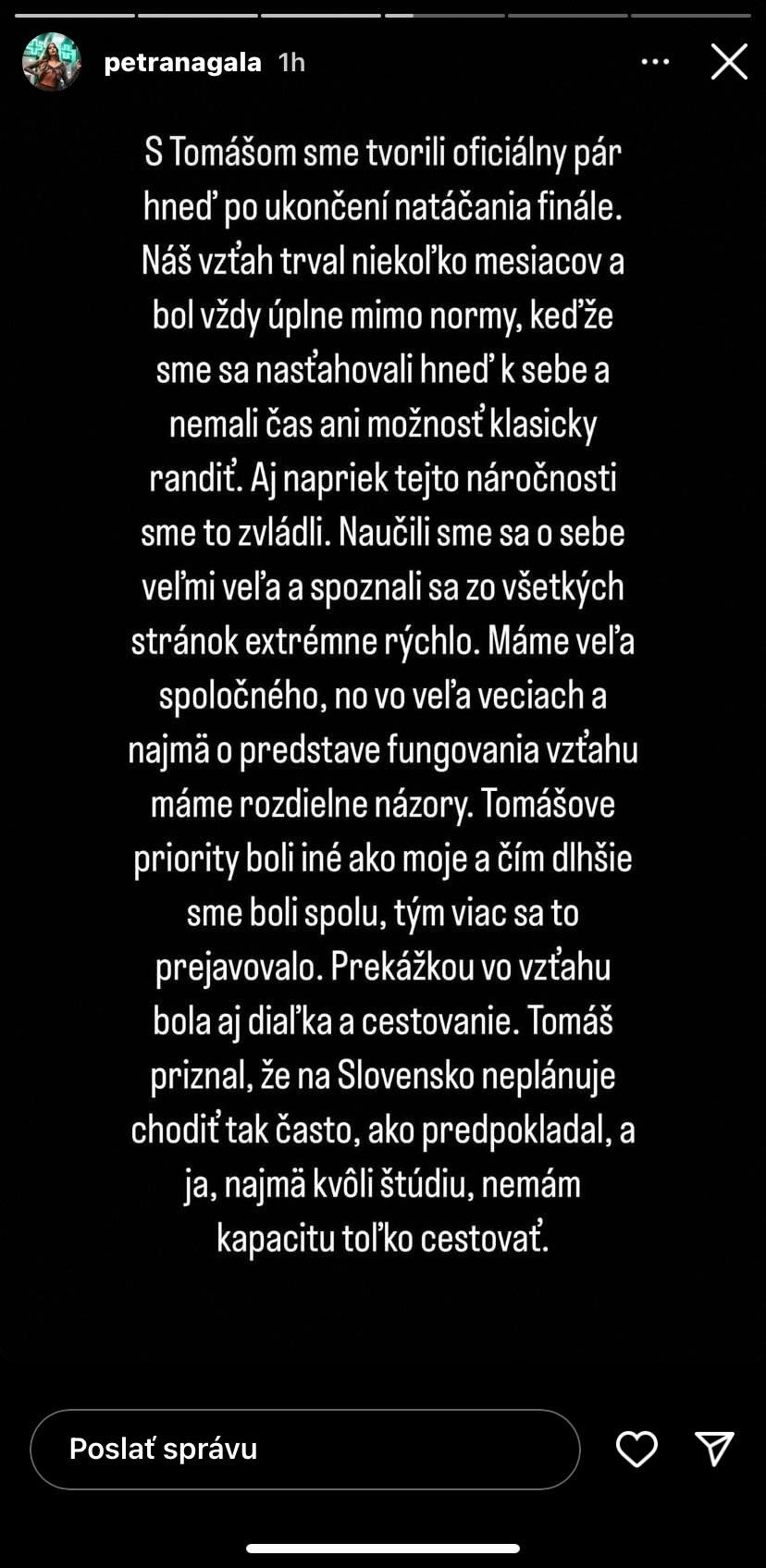Petrana na sociálnej sieti vysvetlila dôvod rozchodu s Tomášom.