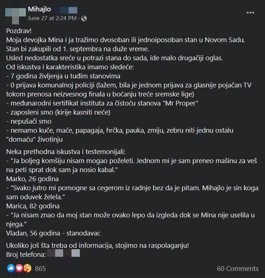 Oglas podstanara, Novi Sad