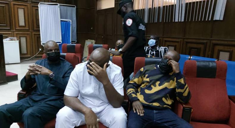 Abba Kyari, suspended Deputy Commissioner of Police and his co-defendants, arrive the Federal High Court in Abuja on Monday, ahead of the arraignment for alleged crimes. (Premium Times)