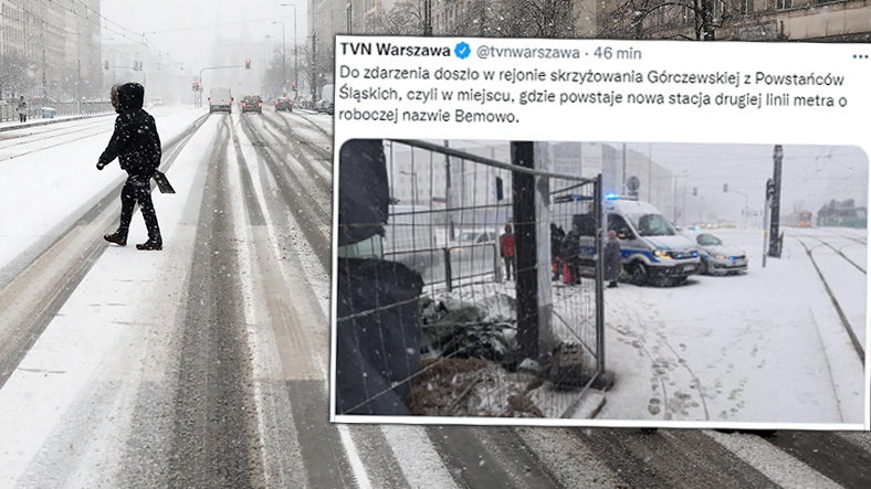 Burza śnieżna w Warszawie. Wiatr porwał przęsło przy budowie stacji metra