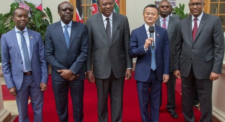 CS Joe Mucheru, Mukhisa Kituyi, President Uhuru Kenyatta, Entrepreneur Jack Ma and CS Adan Mohamed at State House, Nairobi Kenya.