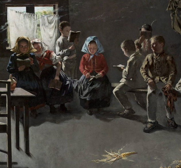 Wiejskie dzieci podczas nauki Obraz XIX-wieczny.
