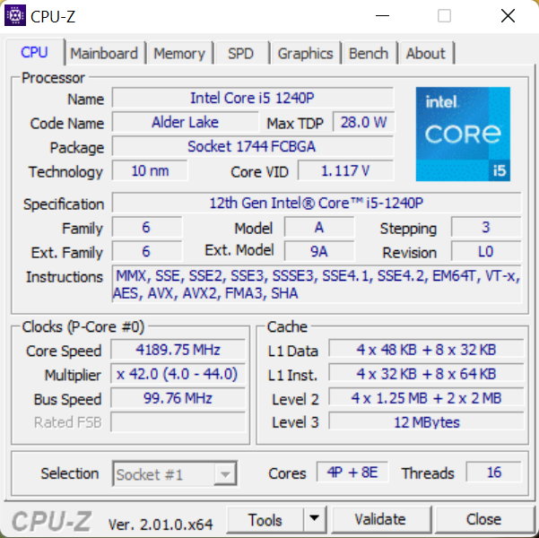 Asus Zenbook 14 OLED (UX3402ZA) – CPU-Z – specyfikacja Intel Core i5-1240P