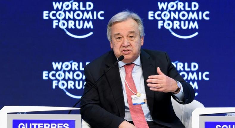 UN Secretary General Antonio Guterres delivers a speech during a session of the World Economic Forum, on January 19, 2017 in Davos