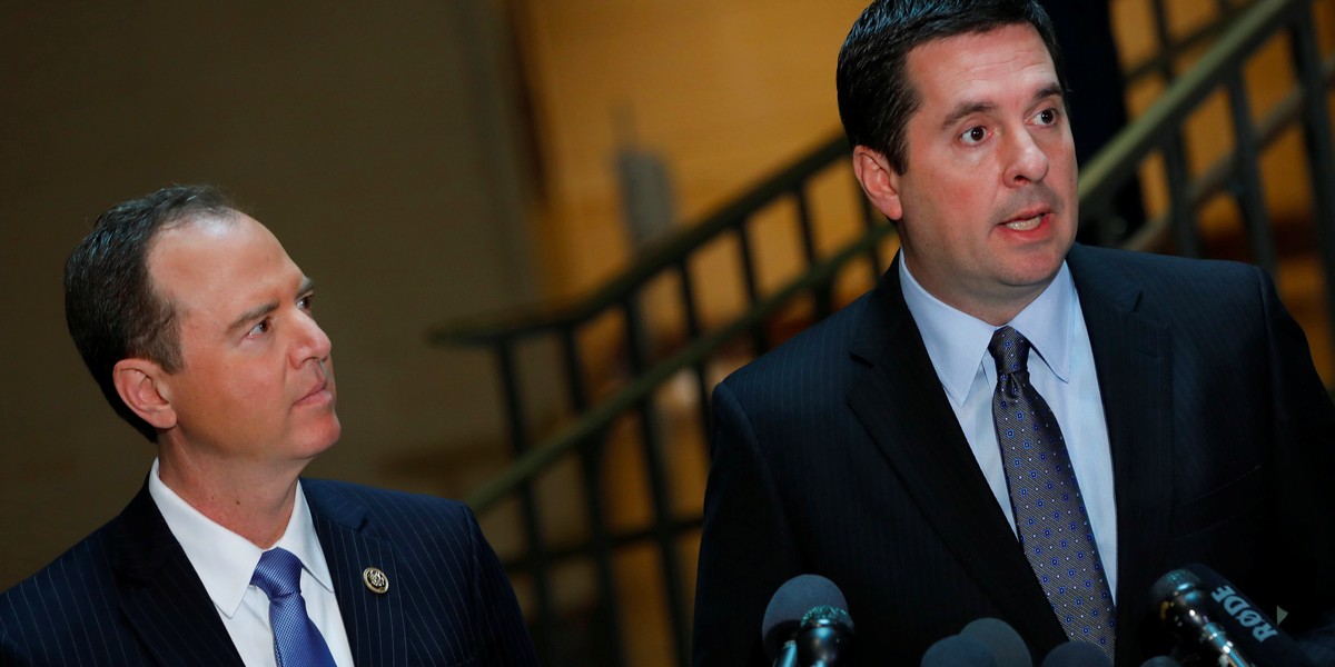 House Select Committee on Intelligence Chairman Rep. Devin Nunes (R-CA) and Ranking Member Rep. Adam Schiff (D-CA) speak with the media about the ongoing Russia investigation on Capitol Hill in Washington, D.C., U.S. March 15, 2017.