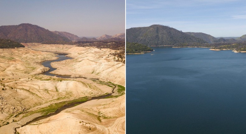 Lake Oroville in Oroville, California, on September 05, 2021 (left), and on April 16, 2023 (right).Josh Edelson/AFP/Getty Images