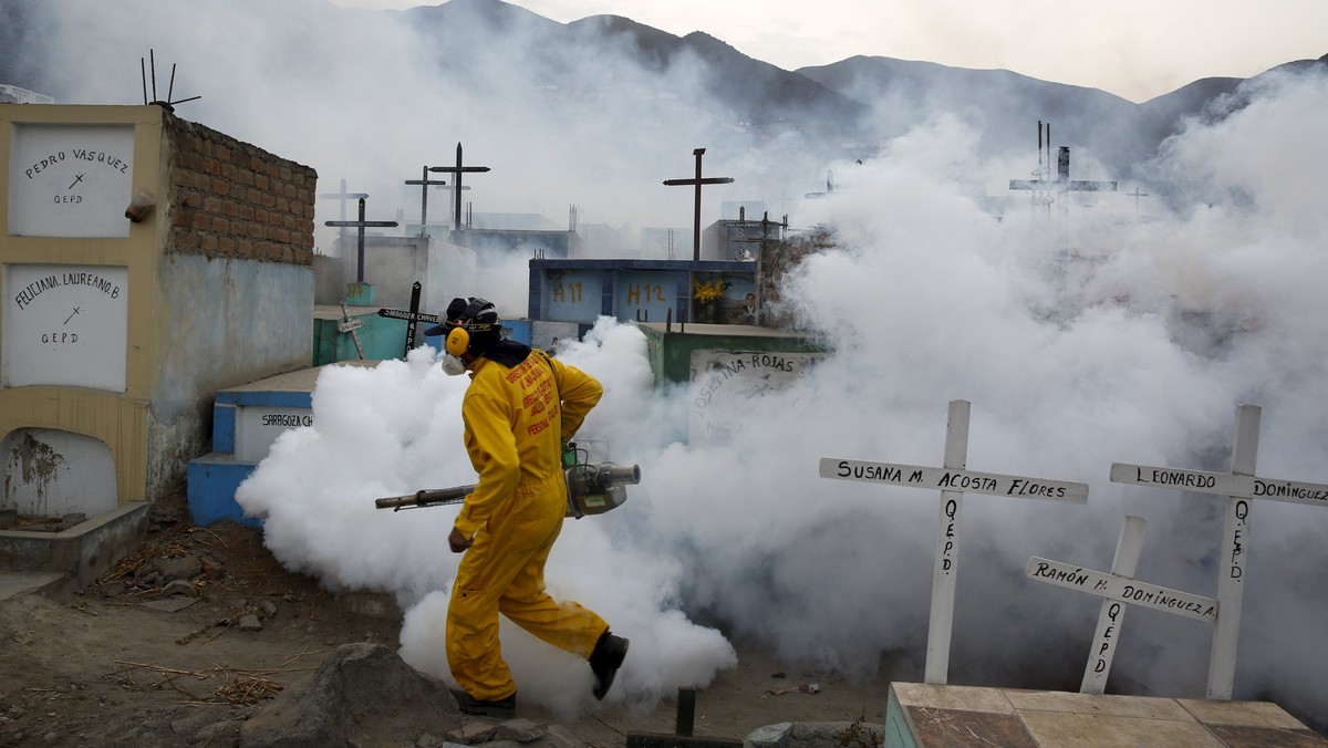 A health worker carries out fumigation as part of preventive measures against the Zika virus and other mosquito-borne diseases at the cemetery of Carabayllo on the outskirts of Lima