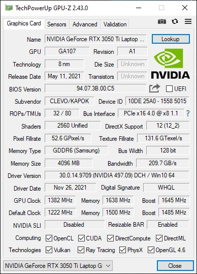 Dream Machines RG3050Ti-15PL26 – GPU-Z – specyfikacja RTX 3050 Ti [85W] po zwiększeniu taktowania GPU i VRAM