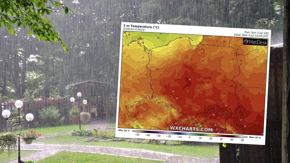 W poniedziałek miejscami zrobi się upalnie, ale pojawią się też burze (mapa: wxcharts.com)