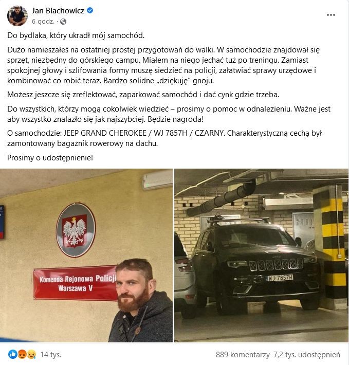 Jan Blachowicz stracił samochód, ale daje szansę złodziejowi