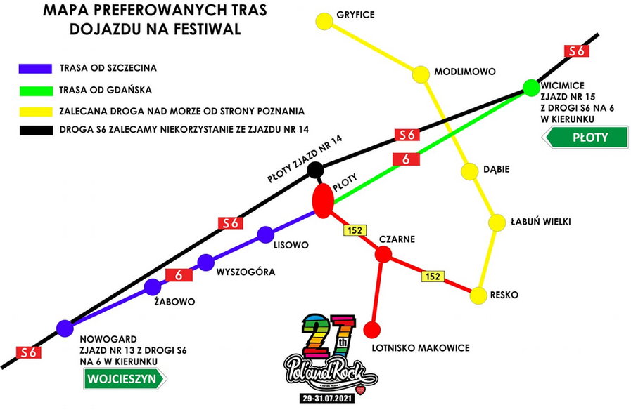 Mapa preferowanych tras dojazdu na Festiwal Pol'and'Rock.