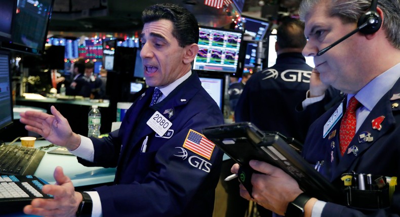 Specialist Peter Mazza, left, and trader John Panin work on the floor of the New York Stock Exchange, Thursday, Dec. 6, 2018. U.S. stocks tumbled in early trading Thursday following a sell-off in overseas markets.AP/Richard Drew