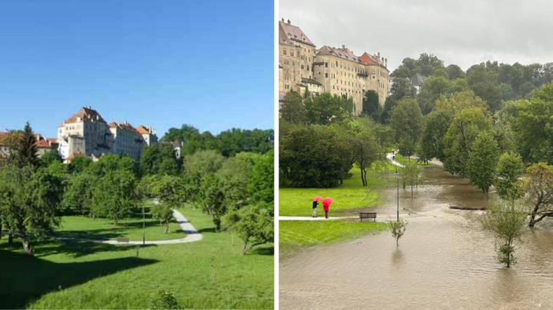 Park w Czeskim Krumlowie przed i po nadejściu wody