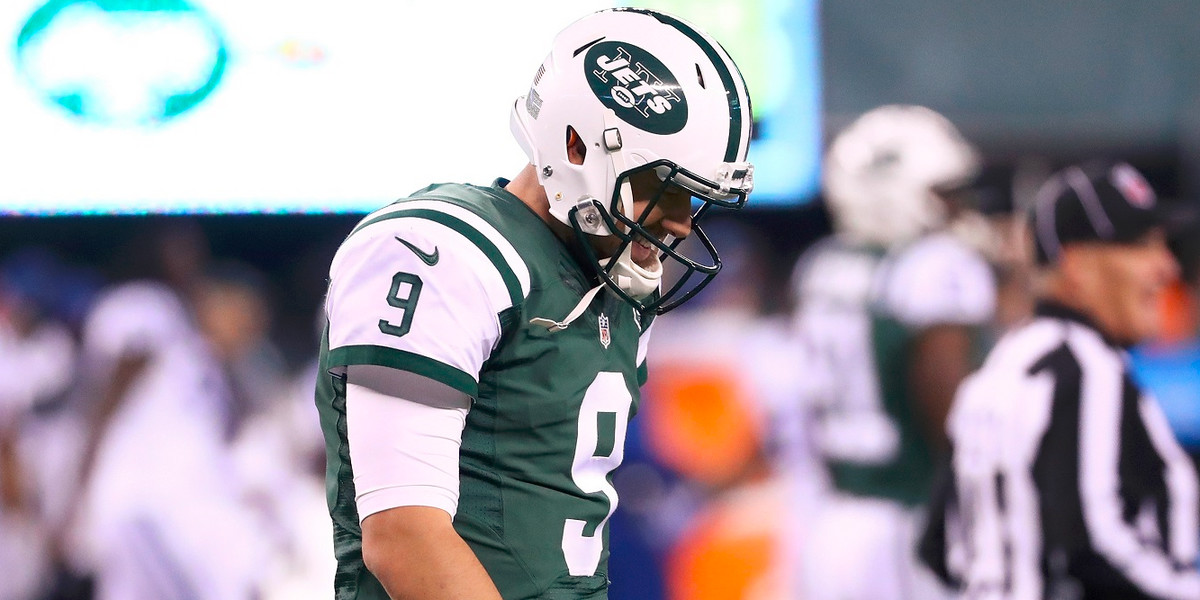 Jets backup quarterback who's replacing Ryan Fitzpatrick threw an interception on his first pass of the day