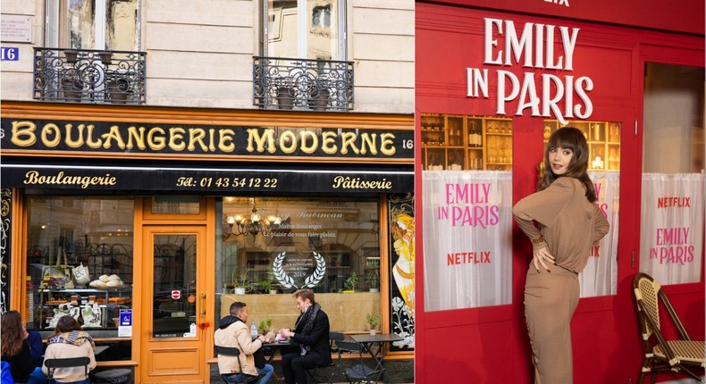 The Boulangerie Moderne, and Lily Collins, who stars in Emily in Paris.Edward Berthelot, Marc Piaseck/Getty Images