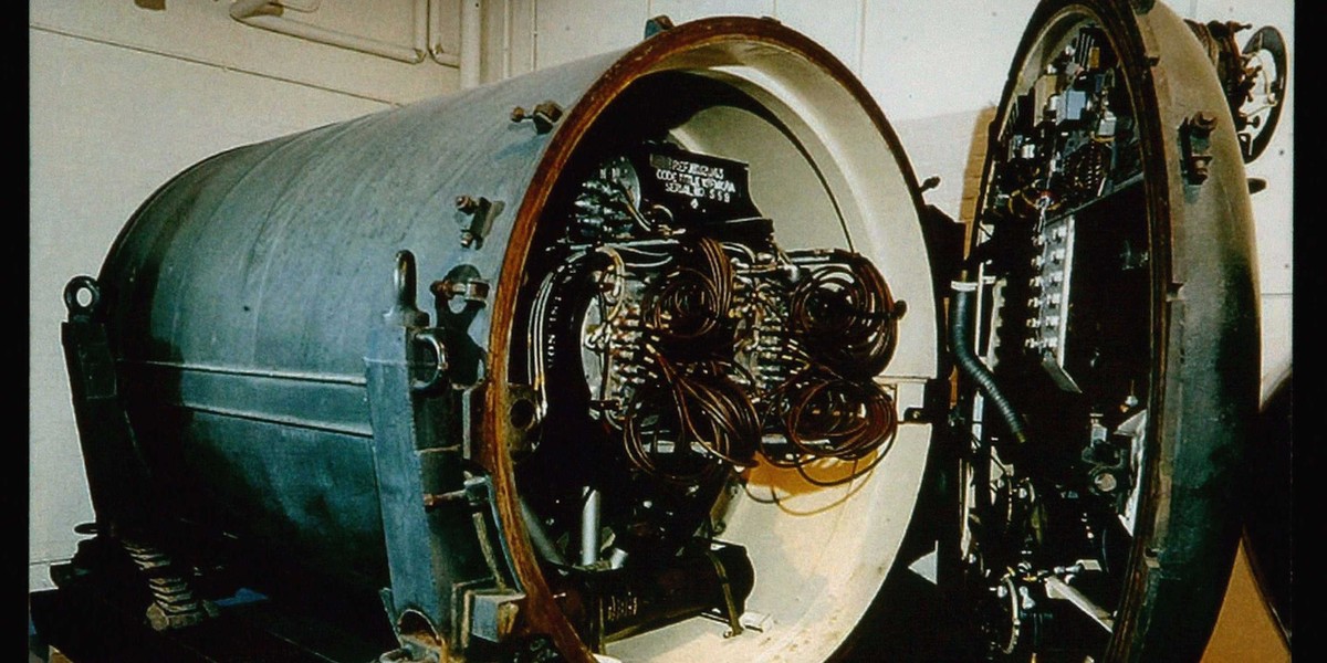 A picture is seen on display of a seven tonne nuclear landmine codenamed 'Blue Peacock' at an exhibition of secret nuclear plans from the cold war at the National Records Office on March 31, 2004 in London. The development of the bomb showed a problem with it suffering from extreme cold weather, as a result a possible solution to this was to stuff the casing with chickens to provide sufficient heat to keep the explosive mechanism from failing.