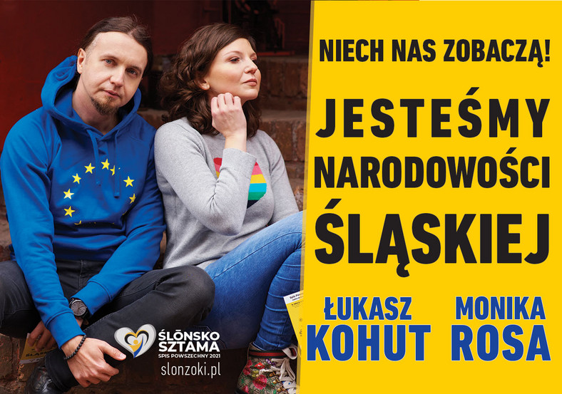 Plakat promujący udział w spisie powszechnym. Posłanka Monika Rosa i europoseł Łukasz Kohut
