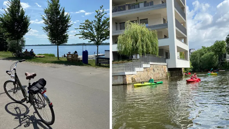 Po lewej: widok na jezioro Cospudener See, po prawej: rejs statkiem po kanałach Lipska