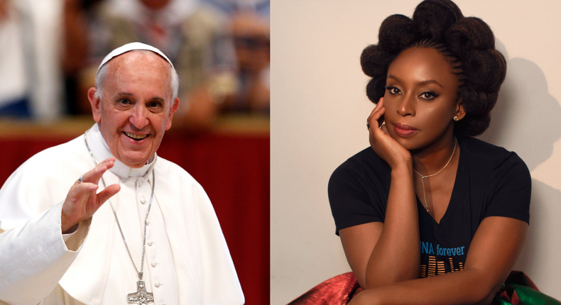 (Right) Chimamanda Adichie and Pope Francis (Left) unite to challenge Western powers' treatment of Africa