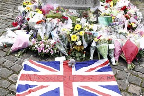 A union flag is left in tribute to Labour Member of Parliament Jo Cox in Birstal near Leeds