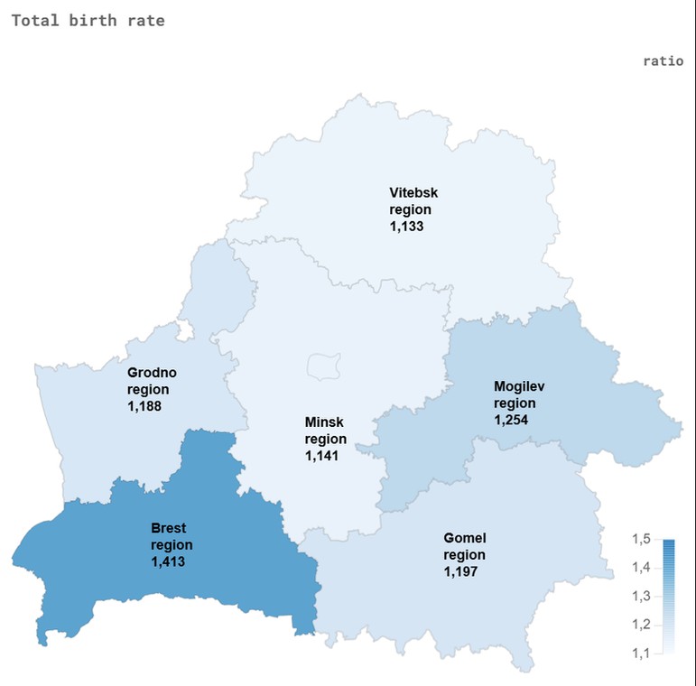 Dzietność na Białorusi w 2024 roku według regionów.