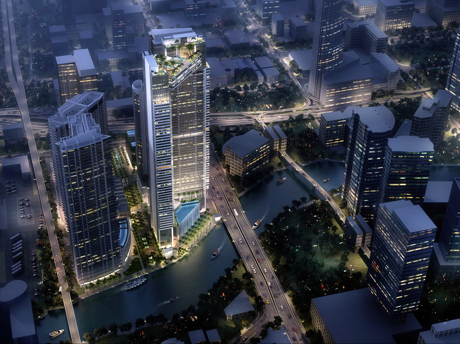 One River Point (lit up in the rendering below) is the latest of the Miami River luxury developments. A double tower connected by a skywalk 800 feet up, its penthouses are listing for over $14 million, while a nearly 15,000-square-foot "sky villa" is priced at over $35 million.
