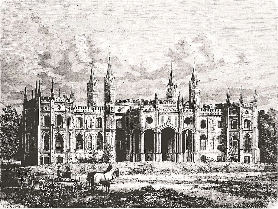 Neogotycki pałac hrabiego Michała Paca na rycinie z XIX wieku. W dobrach hrabiego w latach 1815–1830 mogło mieszkać nawet pół tysiąca Szkotów