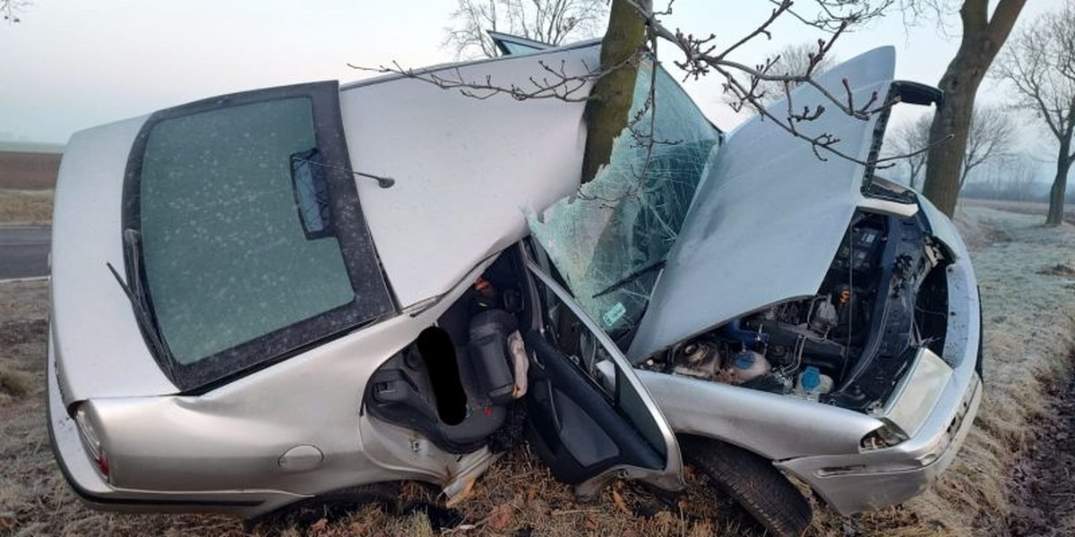 Wypadek pod Głogowem. Samochód zawinął się na drzewie, kierowca żyje