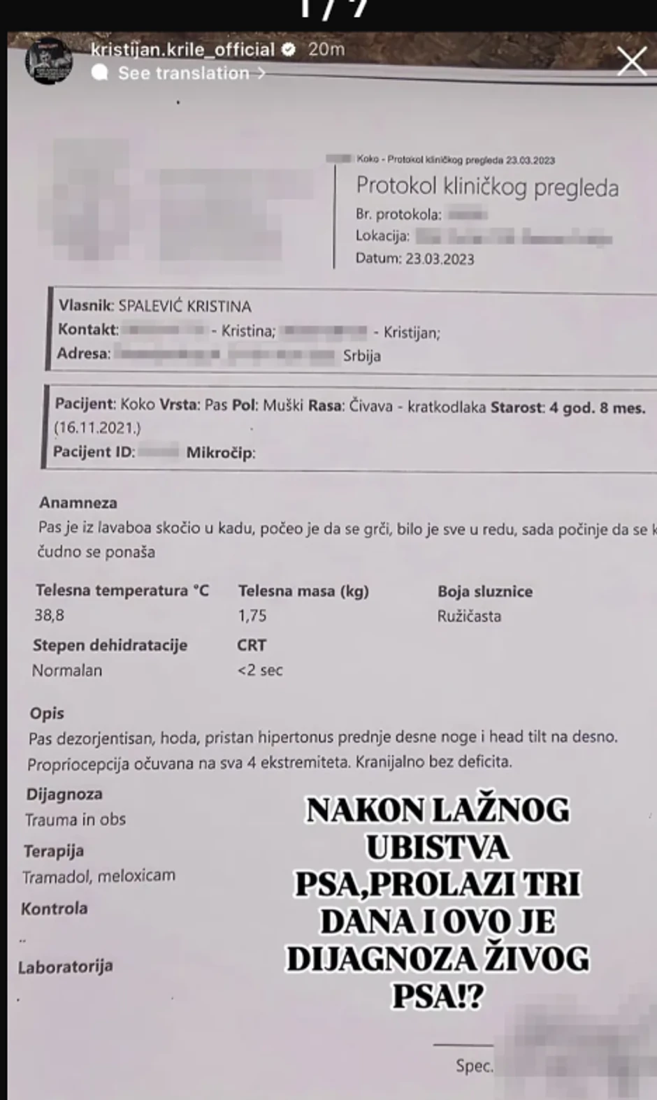 Objavljen izveštaj veterinara: Evo koje je povrede Kristijan Golubović naneo psu