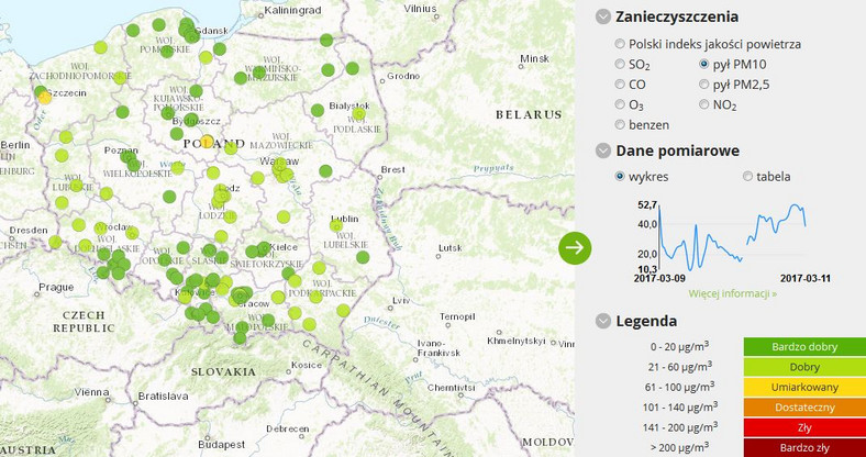 Stężenie pyłu PM10 - 2017-03 -11 od godziny 12.00 do godziny 13.00