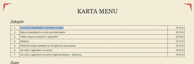 Menu hotelowej restauracji chińskiej. W karcie &quot;Kurczak w kawałkach w dziwnym smaku&quot;