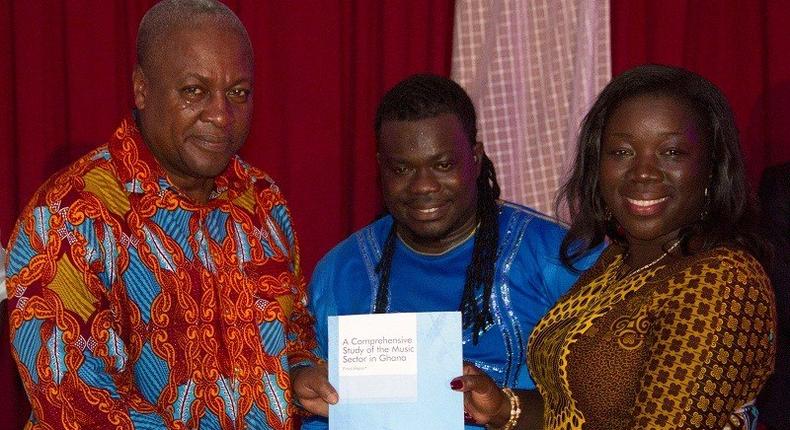 President Mahama, Obour and Mrs. Elizabeth Ofosu-Agyare at the launch of the KPMG Comprehensive Study of the Ghanaian Music Sector 