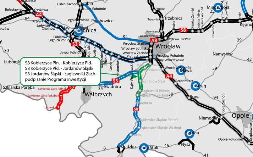 Realizacja trasy S8 na południe od Wrocławia