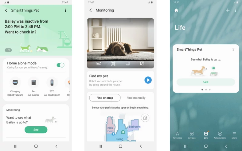 Obserwuj swoje zwierzę na ekranie telefonu dzięki funkcji Pet Care w inteligentnym robocie Samsung Jet Bot.    